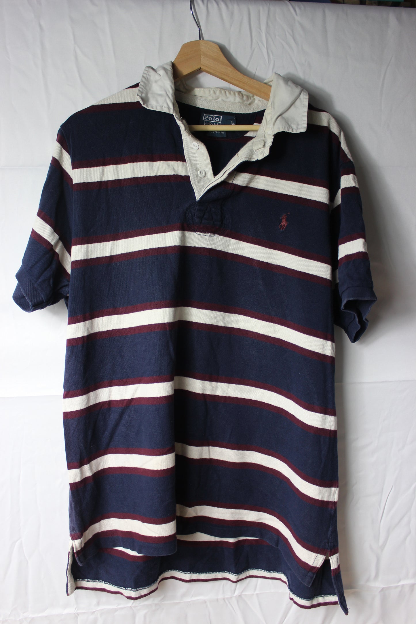 Pre-Loved Polo Ralph Lauren Burgandy, Navy and White Rugby Shirt - Size XXL