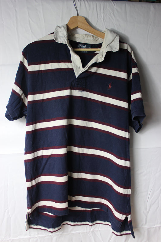 Pre-Loved Polo Ralph Lauren Burgandy, Navy and White Rugby Shirt - Size XXL