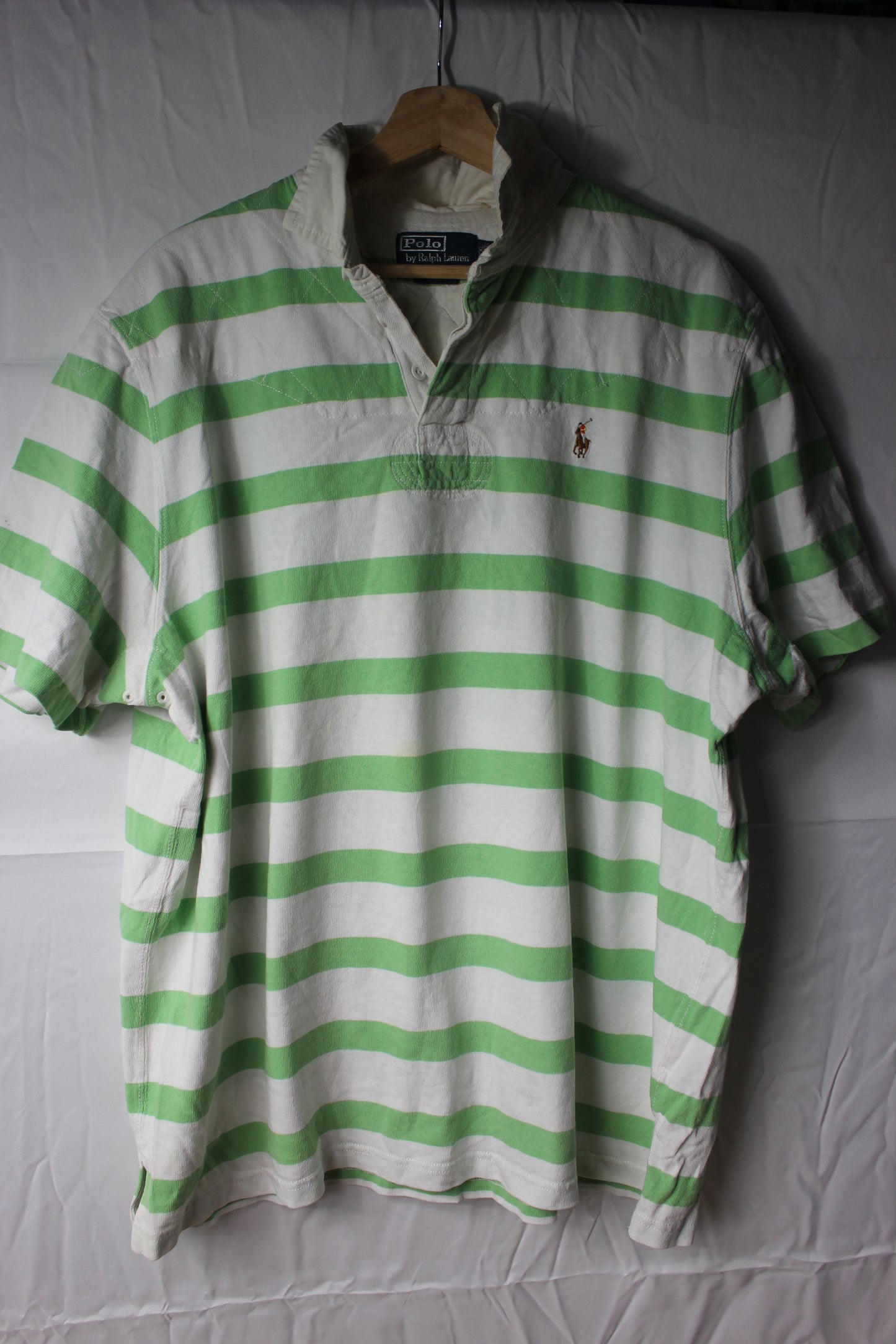 Pre-Loved Polo Ralph Lauren Green and White Rugby Shirt - Size XXL