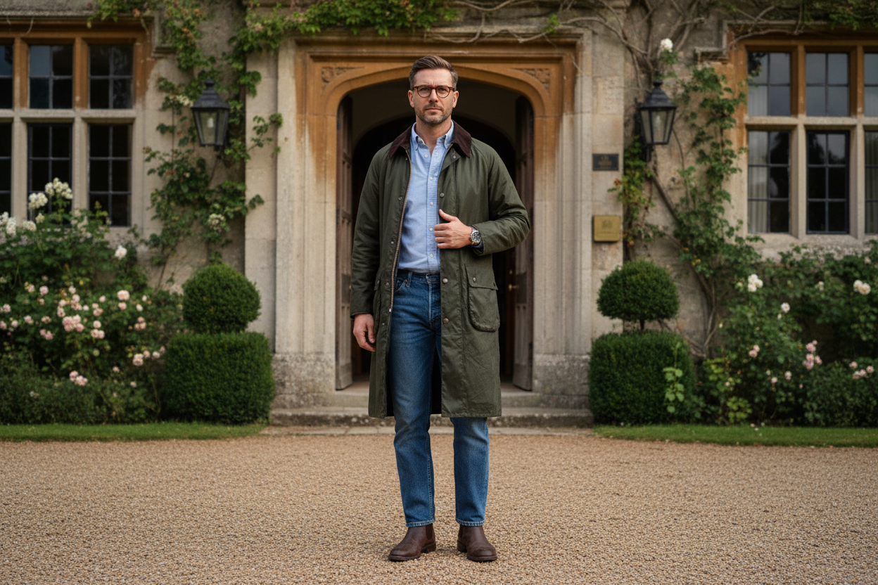 picture of man in country house, wearing jeans oxord shirt, round glasses and long barbour trench coat